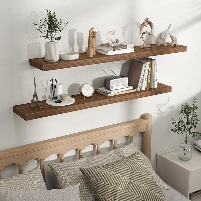 Fun Memories Rustic Wood Floating Shelves for Wall, Space-Saving Wall Mounted Shelves for Bathroom, Bedroom, Living Room and Kitchen, Stylish Storage & Display (Set of 2, Walnut, 48 in)