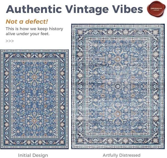 OPPODREAM Vintage Blue Round Rug 4ft, 4 ft Retro Washable Circle Rug Non Slip, Low-Pile Faux Wool Circular Carpet, Distressed Navy Floor Mat for Living Room, Bedroom, Office, Dorm, Dinning Room