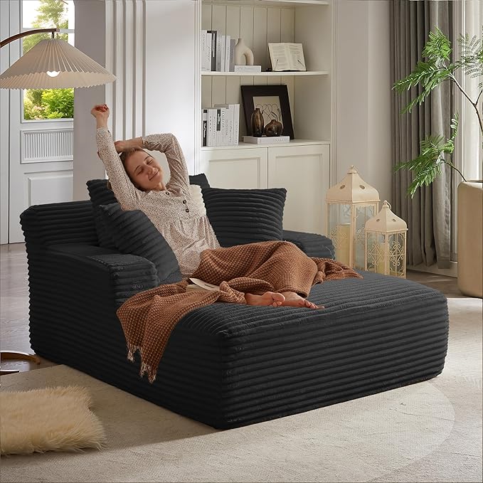 50" Oversized Chaise Lounge Chair Indoor, Corduroy Sleeper Sofa Bed with 3 Pillows & Armrests, Spring Cushion Lazy Chair for Living Room Apartment, Black
