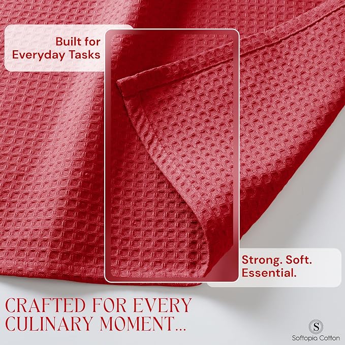 Red Waffle Kitchen Dish Towels, 100% Cotton, Quick Dry, Super Absorbent, Soft, Lint-Free, 16x26 Inches - Ideal for Dish Drying, Bar, Tea, Cleaning, and Everyday Use, 12 Pack