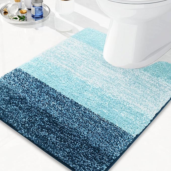 Arotive Microfiber Bathroom Rugs, Shaggy Soft and Absorbent Contour Toilet Rugs, Non-Slip, Thick Plush Machine Washable Dry Bath Mats for Toilet Base, 24x20, Peacock Blue, U-Shape