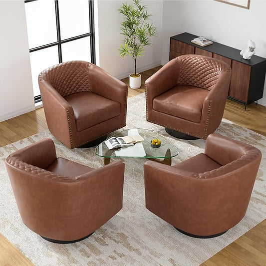 UIXE Swivel Accent Chairs Set of 4, PU Leather Barrel Club Chair for Living Room, Upholstered Round Armchair Comfy Single Sofa Bedroom Reading Seat - Brown