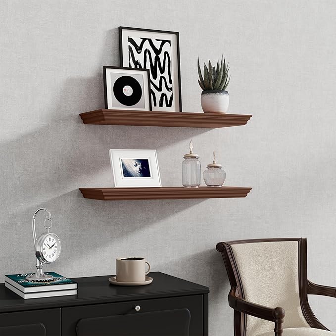 Fun Memories Floating Shelves 24 Inch Long, 9.3 Inch Deep Classic Crown Molding Floating Shelves for Wall, Rustic Wooden Shelves for Wall Decor Bathroom, Kitchen, Office, (Walnut, 2Pack)