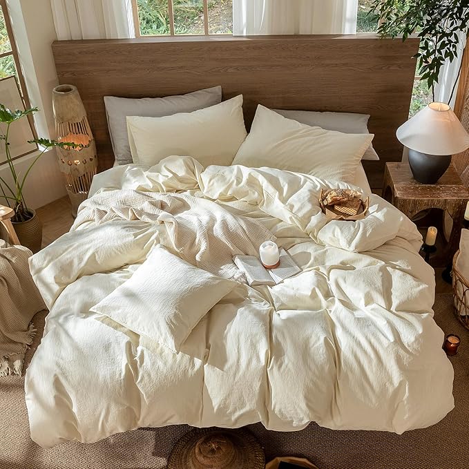 MooMee Wavy Striped Duvet Cover Set 100% Washed Cotton Linen Like Textured Breathable Durable Soft Comfy (Cream White, Twin 68"x90")