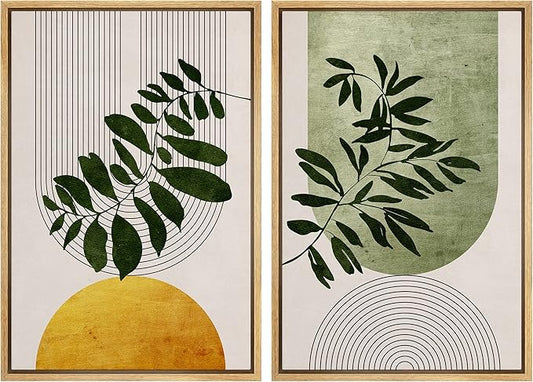 IDEA4WALL Framed Canvas Print Wall Art Set Mid-Century Geometric Forest Plant Leaf Nature Wilderness Illustrations Modern Art Rustic Decorative for Living Room, Bedroom, Office - 24"x36"x2 Natural