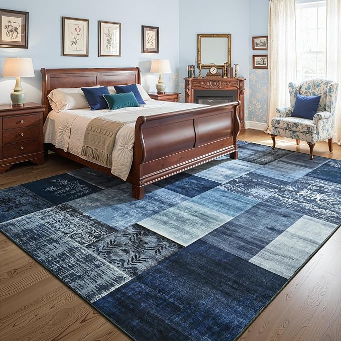 Tepook 9x12 Blue Area Rugs for Living Room, Modern Large Geometric Rug for Bedroom, Washable Patchwork Rug Indoor Non Slip Throw Carpets for Dining Room Office Farmhouse Home Decor