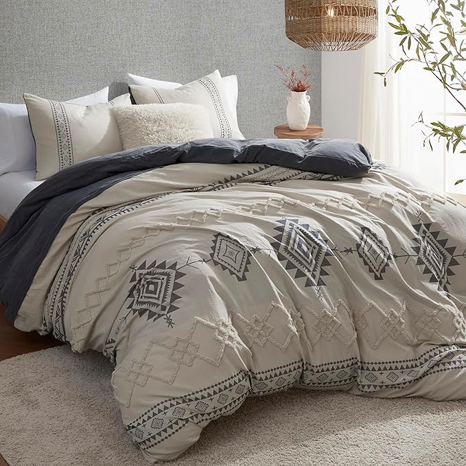 Oli Anderson Boho Duvet Cover Set Twin Size, Beige and Gray Color Clash 2 Pieces Microfiber Bedding Set, Durable and Super Soft Duvet Covers with Zipper and Ties, 68"*90"