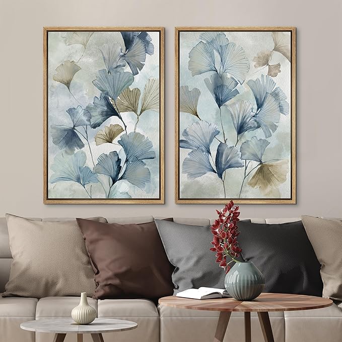 MUDECOR Framed Canvas Print Wall Art Blue Ginkgo Flower Illustrations Modern Art Decorative Bohemian Colorful Chic for Living Room, Bedroom, Office - 16"x24"x2 Natural