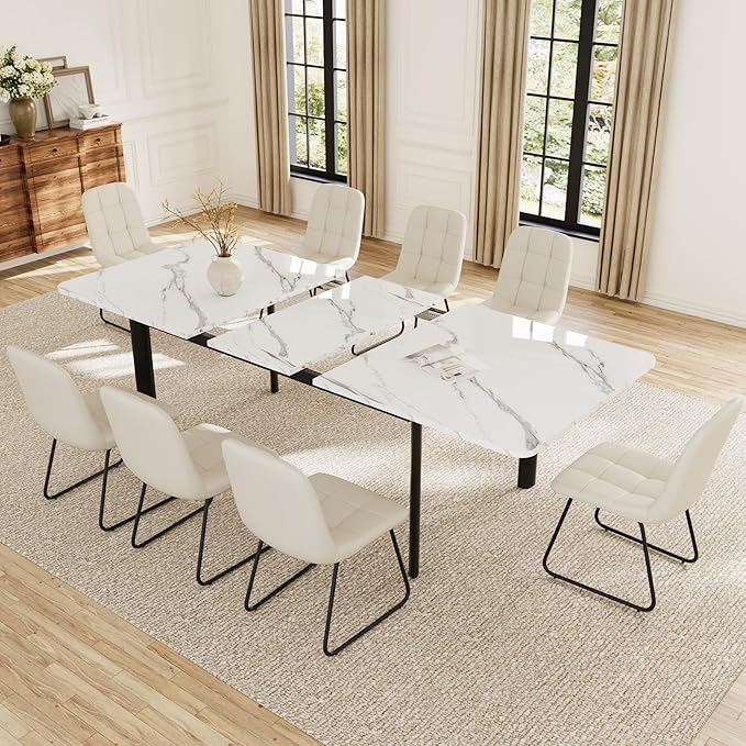 Extendable Dining Table Set for 6-8 People, 63 to 78.7 Inch MDF Kitchen Table with 8 Faux Leather Dining Chairs, Space-Saving for Dining Room, Breakfast Nook (White Table & 8 White Leather Chairs)