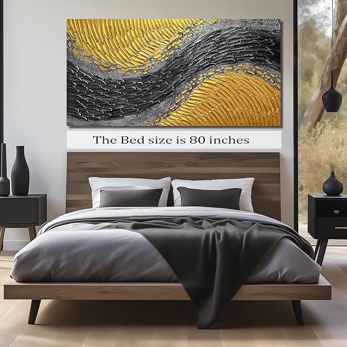 CPKATMT Large Abstract Canvas Wall Art For Living Room Black And Gold Painting Wall Decor For Office 3d Wall Art For Dining Room Size 40 x 80 Inch