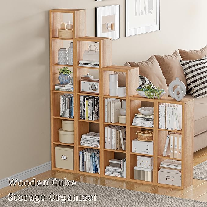 VDNEND Tall Cube Storage Organizer Bookcase, 6 Tier 11 inch Open Back Cubical Shelf with Thickened Border, Display Bookshelf for Living Room, Home Office, Sturdy Room (Natural Oak, 6 Cube,Vertical)