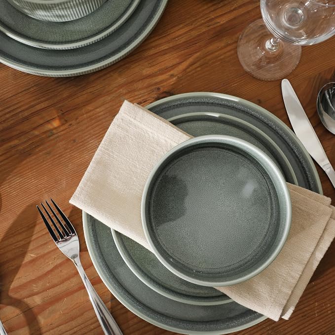 Gibson Elite Redrock Canyon 12-Piece New Bone China Dinnerware Set Service for 4, Reactive Glaze Plates and Bowls, Dishwasher and Microwave Safe, Sage Green