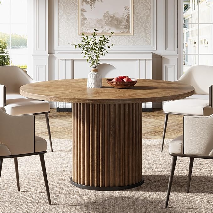 Tribesigns 47.24-Inch Brown Round Dining Table for 4-6 People, Modern Fluted MDF + Metal Base Kitchen Table, Sturdy Circle Dining Room Furniture, Brown