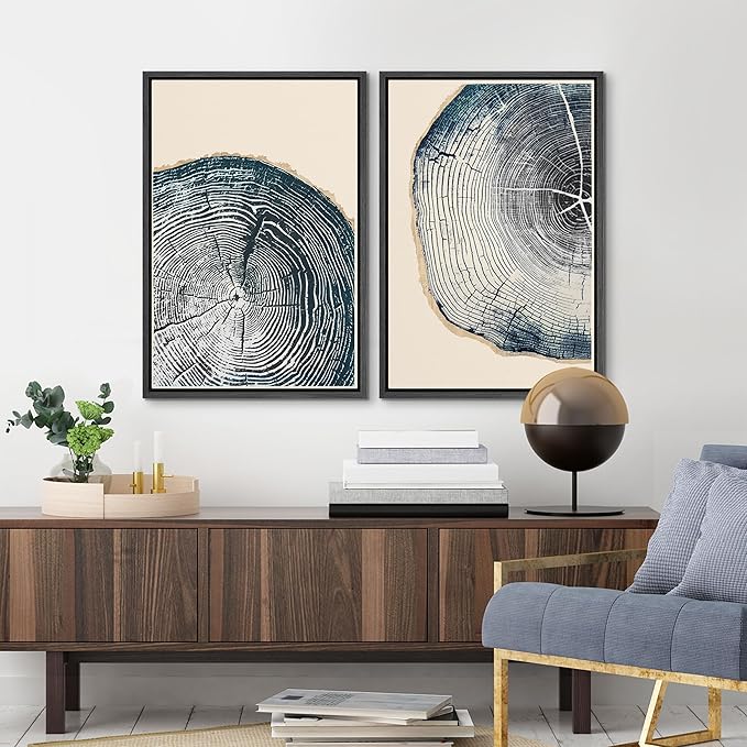 MUDECOR Framed Canvas Print Wall Art Navy Blue Wood Tree Ring Nature Illustration Modern Art Decorative Multicolor Geometric Minimal for Bedroom - 24"x36"x2 Black