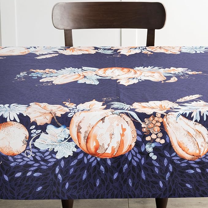 Maison d' Hermine Table Cloth Rectangle Table 100% Cotton 60 x 120 Inches Fall Tablecloth Reusable Everyday Use for Thanksgiving Christmas Decorations Dining Farmhouse Party (Pumpkin Blues)