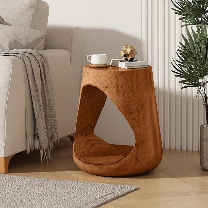ø14.5'' Side Table End Table for Living Room, Modern Retro Farmhouse Countryside Style, Magnesium Oxide Material for Indoor & Outdoor, No Assembly, Wood Grain, Antique Brown