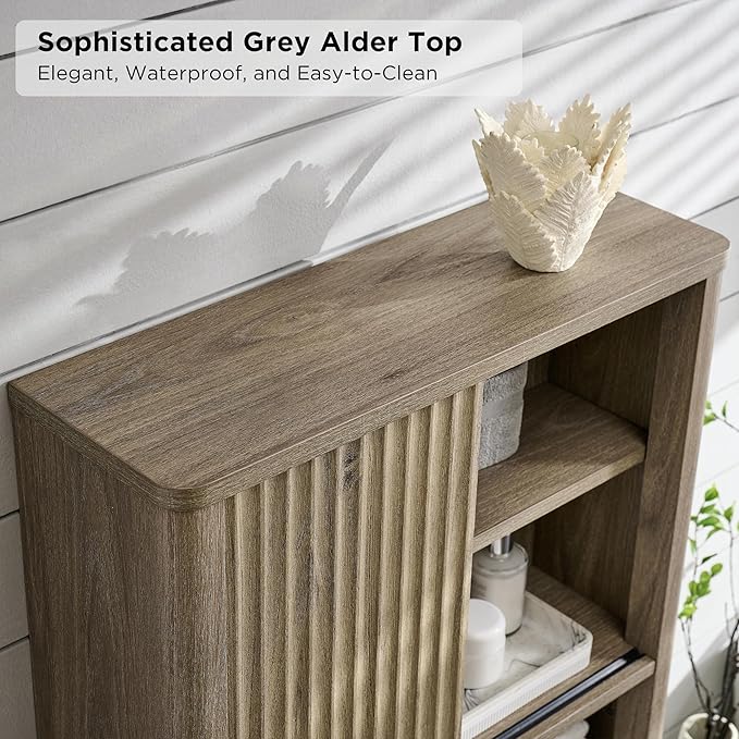 RedLemon Bathroom Wall Cabinet with Fluted Sliding Door, Modern Medicine Cabinet with Adjustable Shelf, Curved Profile Wall Mounted Storage Organizer, Grey Alder
