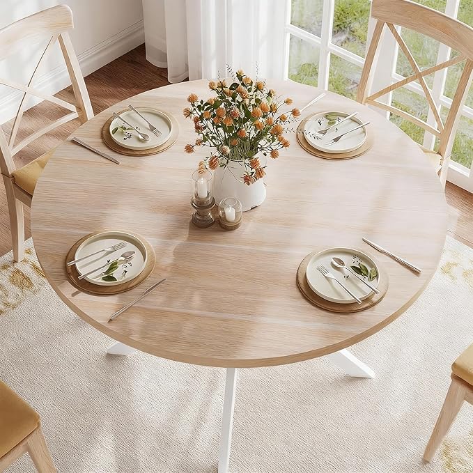 ChooChoo 47.2 Inch Round Dining Table for 4, Farmhouse Wood Kitchen Table, Circle Dinner Table for Kitchen & Dining Room, Natural Oak&White