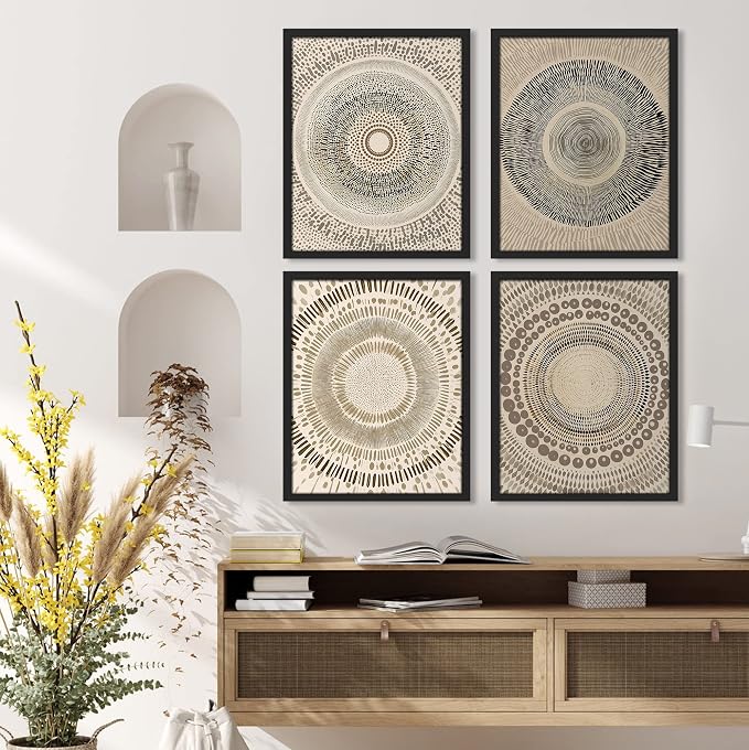SIGNWIN Framed Art Beige Abstract Geometric Circle Stroke Minimalist Folk Boho Mid-Century Inspired Digital Print Decorative Zen Bedroom Relax Multicolor - 12"x16"x4 Black