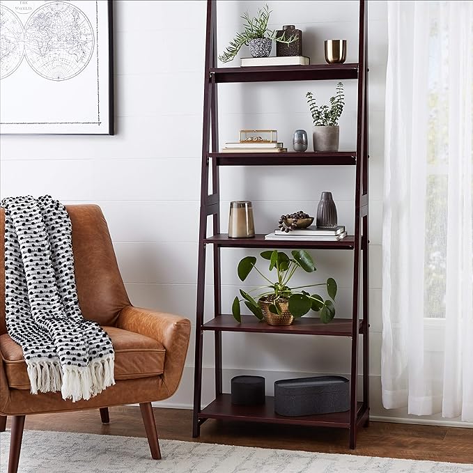 Amazon Basics 5-Tier Ladder Bookshelf Storage Organizer, Solid Rubberwood Frame, Space-Saving Bookcase, Sturdy Shelves, Walnut Finish, 14" D x 24.8" W x 70.1" H