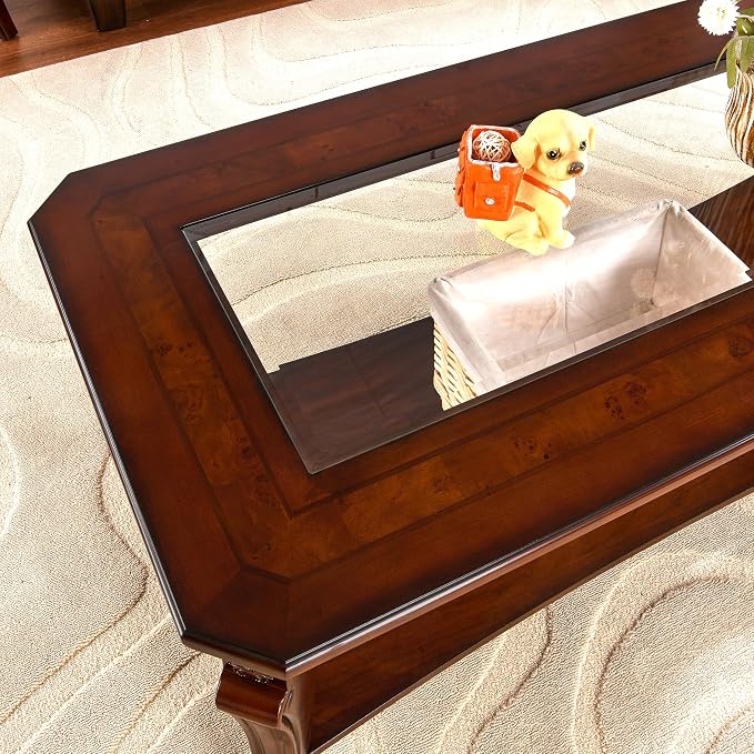 LEEMTORIG Vintage Glass Top Coffee Table for Living Room, 47 inches Rectangular 2-Tier Wood Coffee Tables with Storage Shelf, Traditional Mid Century Queen Anne Style Cocktail Table KFZ-A1168-GT