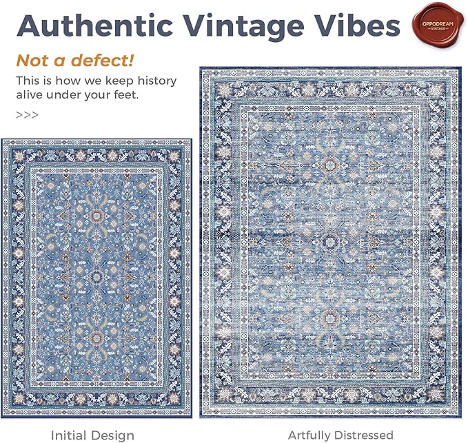 OPPODREAM Vintage Blue 3x6 Runner Rug, 3 x 6 Retro Washable Rug Non Slip, Low-Pile Faux Wool Carpet, Distressed Navy Floor Mat for Kitchen, Hallway, Entry-Way, Entrance, Indoor Back Door