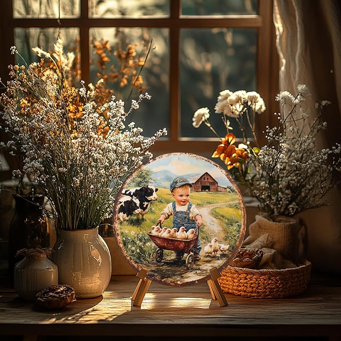 Cbngaoey 1pc Vintage Farm Scene Aluminum Wall Art - 8x8 Inch Round Metal Sign with Boy in Overalls and Chickens,Perfect Gift for Holidays and Outdoor Spaces,Durable Wall Art, Farmhouse Decor