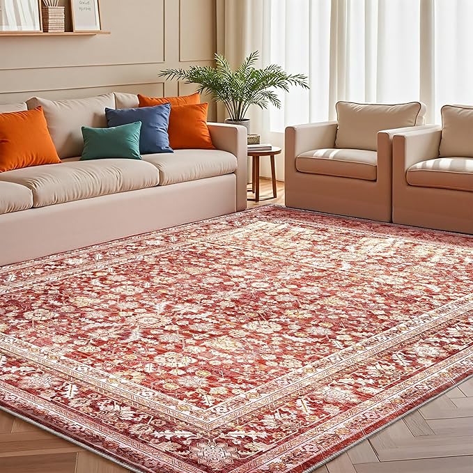 OPPODREAM Vintage Red Area Rugs 10x14, 10 x 14 Retro Washable Rug Non Slip, Low-Pile Faux Wool Carpet, Distressed Floor Mat for Living Room, Bedroom, Office, Dorm, Dinning Room, Big & Large