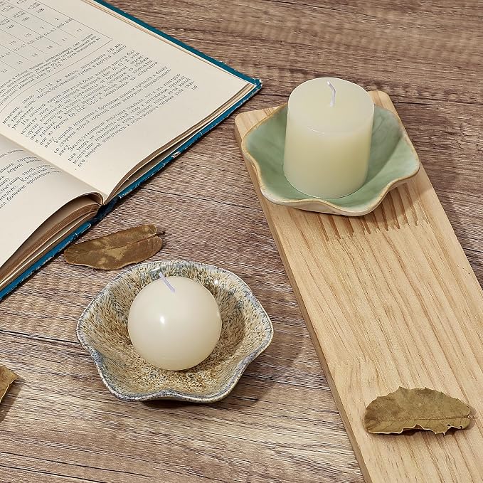 Koythin 2-Piece Ceramic Candle Holder, Aesthetics Candlestick Holders for Tea Lights, Lotus Leaf Shape Candle Stand for Mantle Table, Adorable Vintage Decor for Weddings Dining (Khaki)