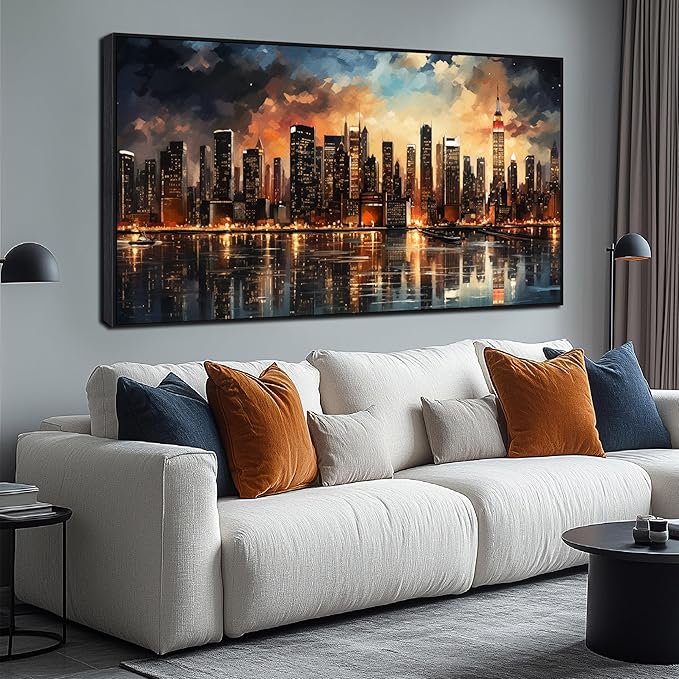 New York Skyline Wall Art for Living Room Modern City Wall Decor for Office Black Framed Wall Art 29 x 58 Inch