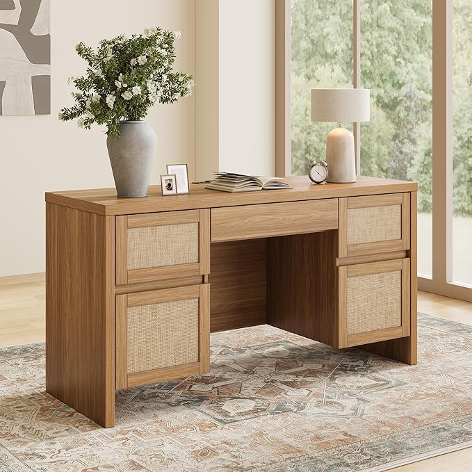 Yechen Executive Desk with 5 Drawers, 57" Modern Rattan Home Office Desk with Charging Station, File Drawer, Farmhouse Boho Computer Writing Desk for Study, Work, Walnut Brown