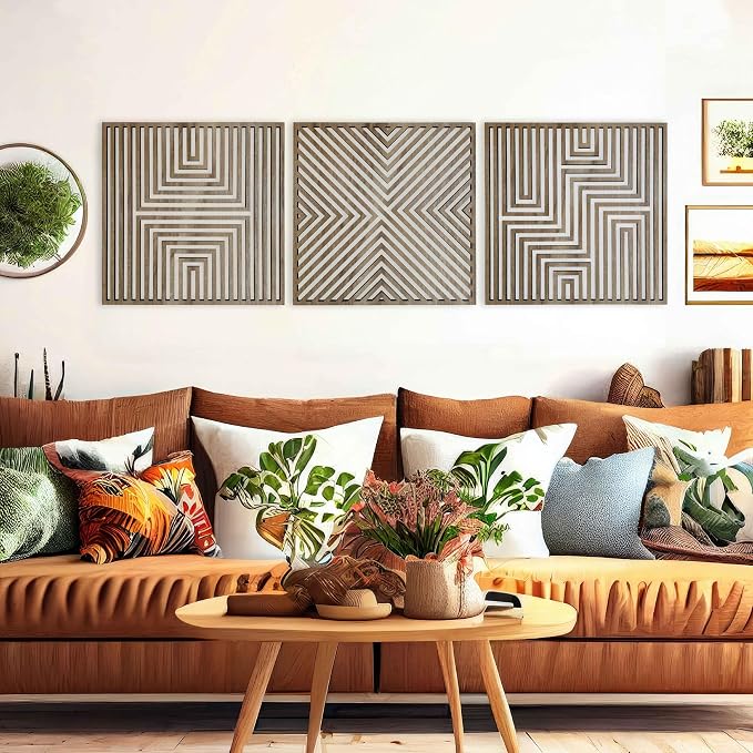 Modern Wood Wall Art Geometric, Large Wood Wall Art for Contemporary Interiors, Set of 3 Abstract Wooden Wall Art, Wood Wall Panel Home Gift