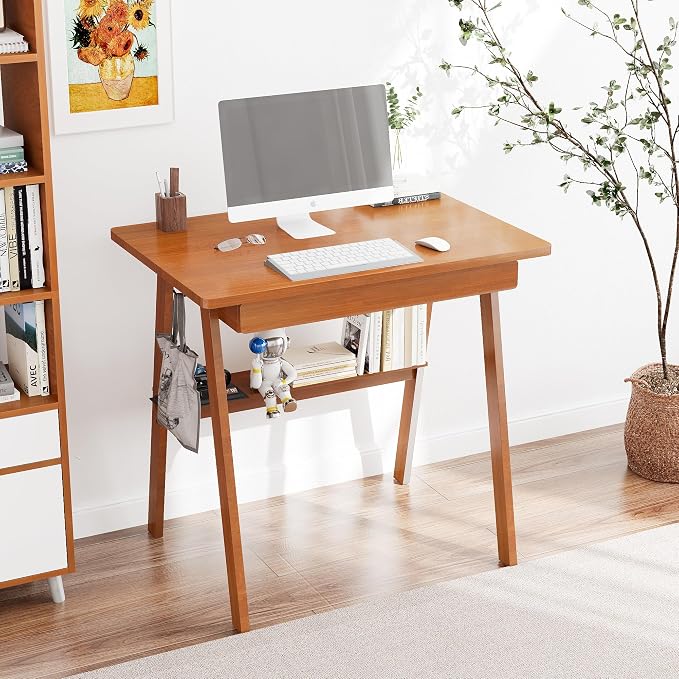 Solid Wood Desk with Drawers - 31.5 Inch Mid Century Modern Desks with Storage Shelf, Small Writing Desk for Small Spaces, Home Office Desks for Bedroom & Home, Walnut Color
