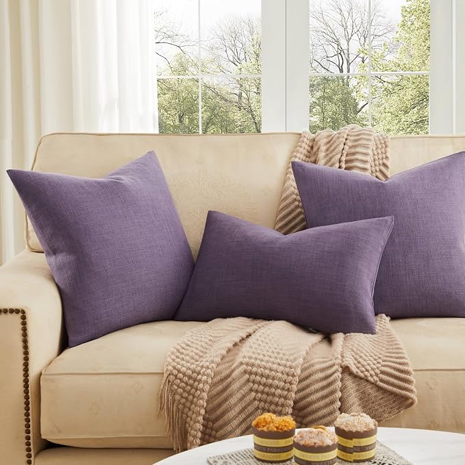 ZeeMart Rustic Cotton Linen Throw Pillow Covers Set of 2, 16x16 Inch Purple, Farmhouse Style Decorative Couch Pillow Cases Cushion Covers for Sofa Bed Living Room Home Decor