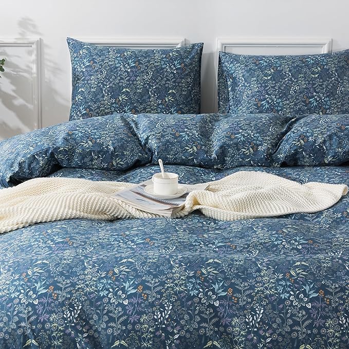 HoneiLife Duvet Cover Sets Twin - 100% Cotton Floral Comforter Cover, 2-PCS Breathable Bedding Set with Zipper Closure & Corner Ties, Wildflower Duvet Cover for All Season Use,Blueblack, King