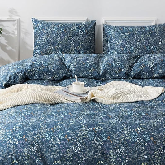 HoneiLife King Duvet Cover Set - 100% Cotton Comforter Cover, Floral Bedlinen Set with Zipper Closure & Corner Ties, 3-pcs(1Duvet Cover+2 Pillow Case)-Herbs