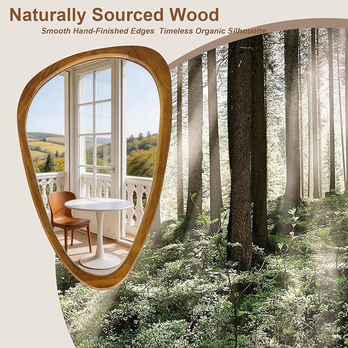 30" x 20" Asymmetrical Wall Mirror with Brown Wood Frame, Irregular Wall Mirror for Bedroom Entryway Living Room, HD Tempered Glass, Horizontal or Vertical Hanging