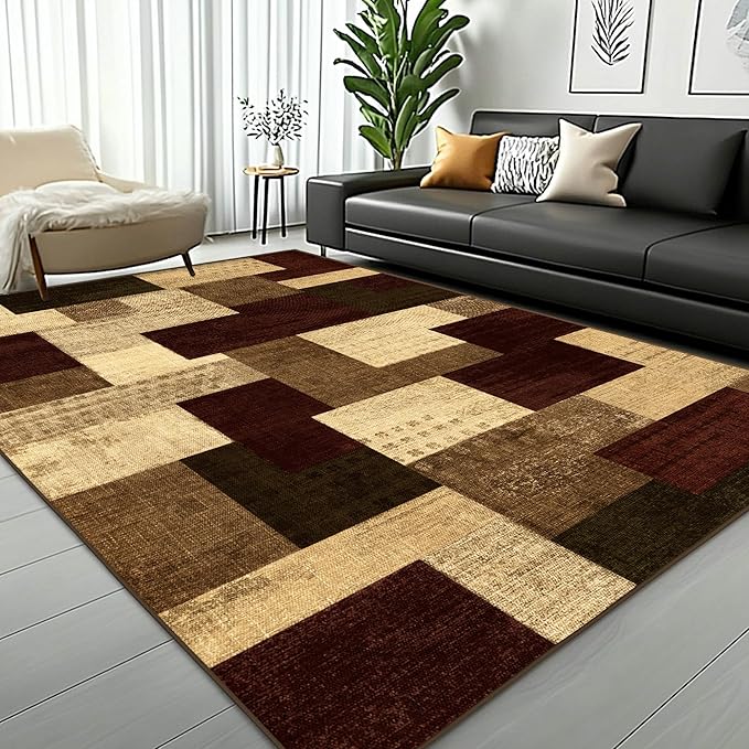 Modern Geometric Patchwork Indoor Area Rug for Living Room, Red 8x10 Large Rug Rockwood Collection Hardwood Floors Decor for Bedroom, Burgundy Throw Carpet for Office Entryway Dining Room