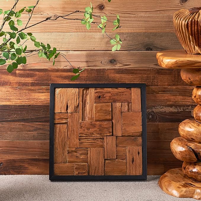 Warmaxx Rustic Teak Wood Framed Wall Decor 17''x17 Farmhouse Wall Art Aesthetic Christmas Decoration Home Living Room Bedroom Office Handmade Square Wooden Geometric Block Slatted Collage