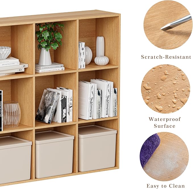 VDNEND Wooden Cube Storage Organizer with Closed Back Panel, 11in Cube Shelf Opening, Bookshelf, Display Shelf,Closet Cabinet for Home and Office (Natural Oak, 12-Cube 35.98L*9.45W*47.72H)