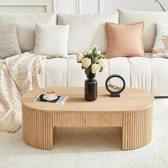 Oval Coffee Table, 47.5" Coffee Table with Storage, Fluted Accent Center Table with Textured Roman Column Patterns, Mid Century Modern Coffee Tables for Living Room, Office, Apartment, Natural