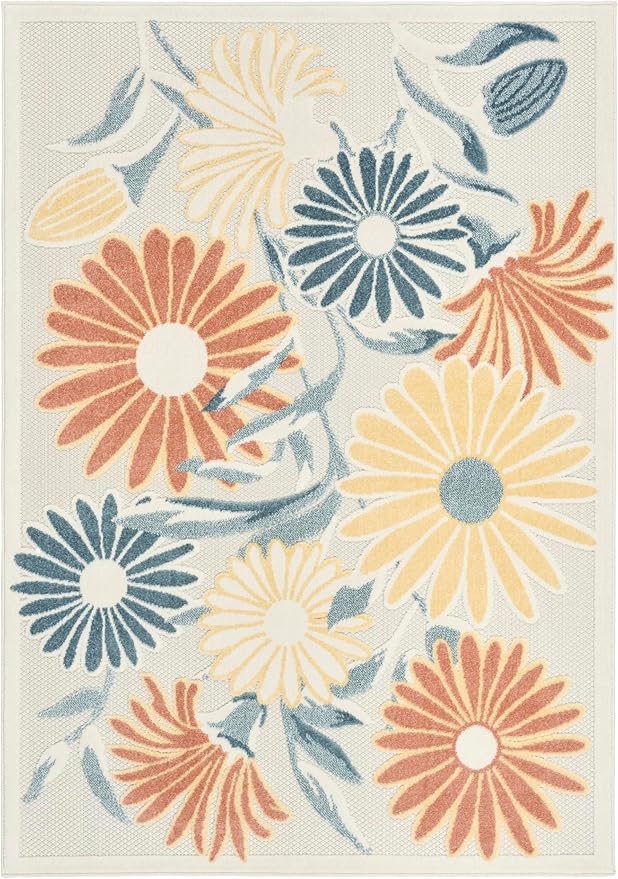 Nourison Home Aloha Ivory Rose 5'3" x 7'5" Area Rug - Easy Clean, Non Shedding, Bed Room, Living Room, Dining Room, Kitchen (5' x 8')