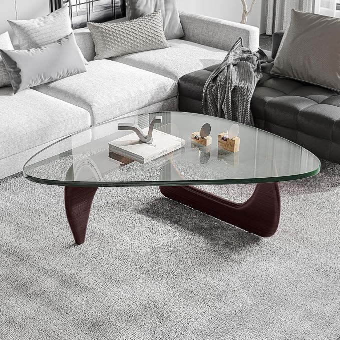 Modern Triangle Glass Coffee Table, Wood End Table with Solid Wood Base and Clear Glass Top, Center Table for Living Room and Patio