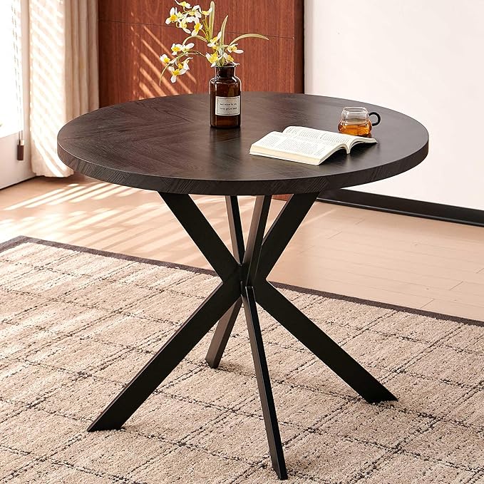 Mid Century Black Round Dining Table Set for 4, 37" Modern Small Kitchen Circle Table & 4 Velvet Side Chairs, Space Saving, Dinette for Home, Apartment, Dining Room, Navy Blue