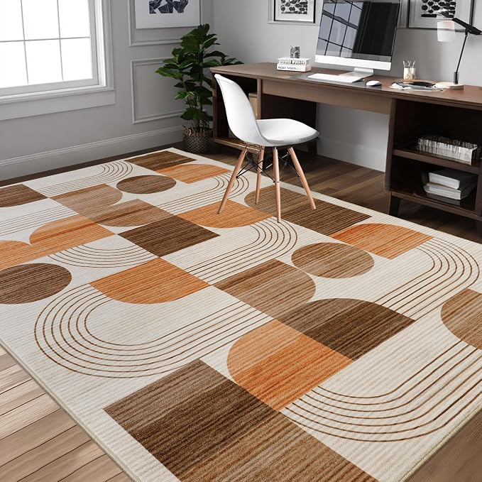 Large Machine Washable 9x12 Area Rug, Soft Modern Geometric Abstract Orange Rugs for Bedroom Living Room, Non-Shedding Faux Wool Indoor Throw Floor Carpet for Office Entryway Dining Room Decor