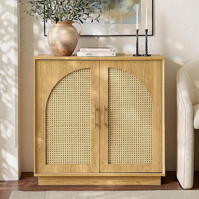 FORTUNETEC Sideboard Buffet Cabinet with Storage, 31.5" Modern Accent Cabinet with Rattan Arched Doors, Modular Media Console, Boho Credenza for Living Room Kitchen Dining Room Entryway, Oak