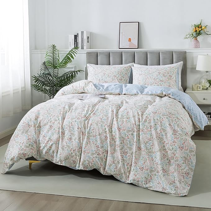 HoneiLife Wildflower Duvet Cover King - 100% Cotton Comforter Cover Sets, 3-PC Floral Botanical Bedlinen Set, Botanical Duvet Cover with Zipper Closure & Corner Ties