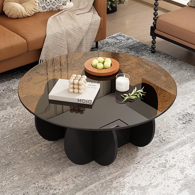 Round Coffee Table, Mid Century Modern Design, 31.5'' Modern Round Tempered Glass Coffee Tables for Living Room, Cocktail Table for Small Space Home Office. (Black + Brown)