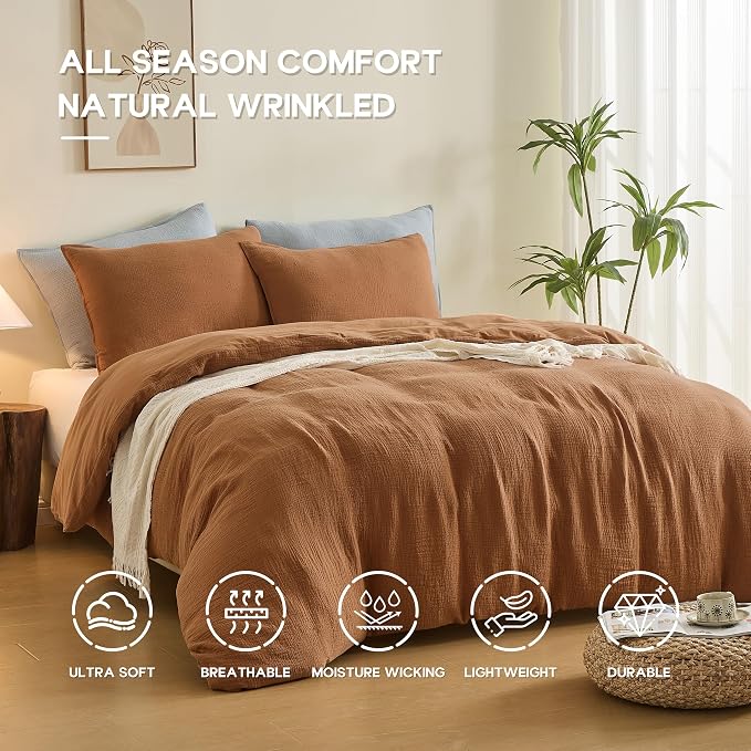 Simple&Opulence Linen Muslin Duvet Cover Set King Size, 3Pcs Rust Linen Cotton 3-Layer Gauze Minimalist Comforter Cover 104”x92”, Ultra Soft Breathable Seersucker Bedding Set with 2 Pillowcases