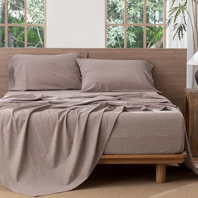 MooMee Bedding Sheet Set 100% Washed Cotton Linen Like Textured Breathable Durable Soft Comfy (Heathered Mauve Brown, Full)